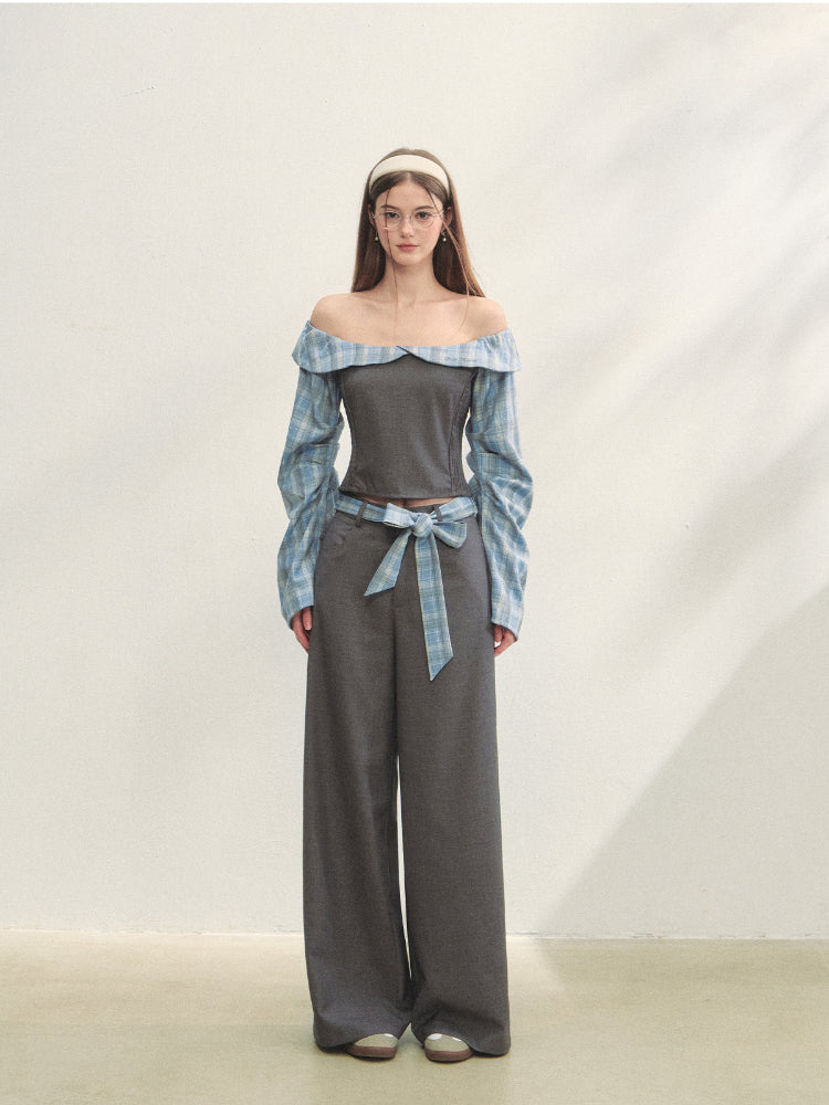 Plaid Spliced One-Shoulder Waist-Slimming Top &amp; Pants Set
