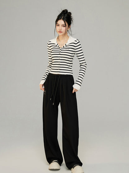 Black &amp; Off-white Knit Wide-Leg Pants