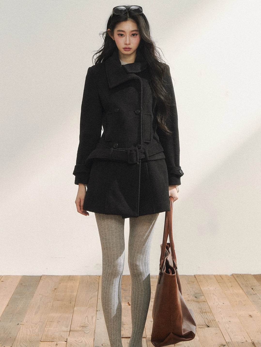 Black Wool-Blend Detachable Hem Double-Breasted Coat