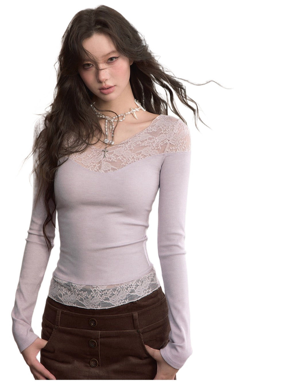 Lace-Trimmed Rib Knit V-Neck Knitwear
