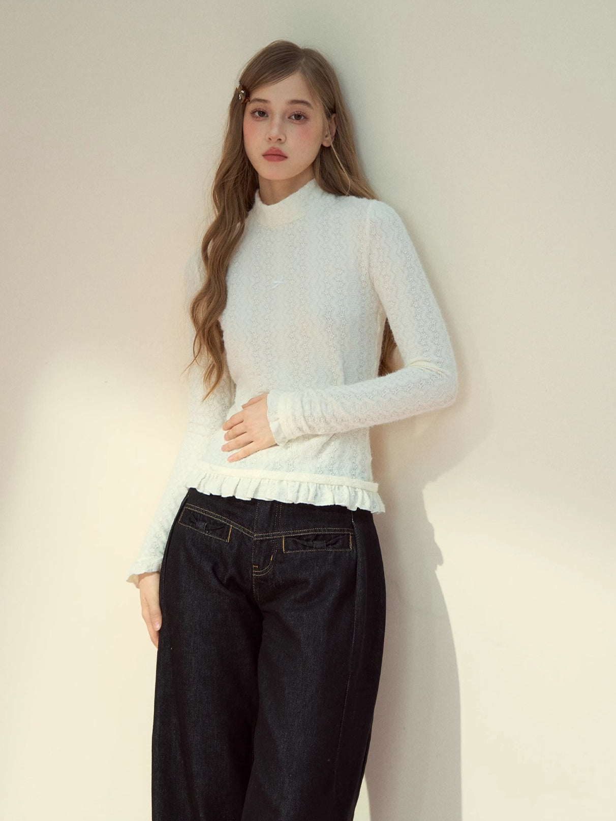 Layered Lace-Texture Mock Neck Knit T-Shirt