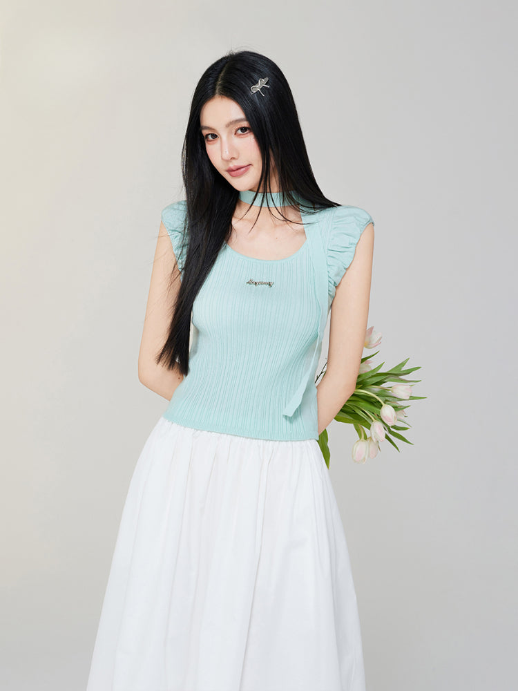 Bubble Sleeve Small Square Neck Knitted Top