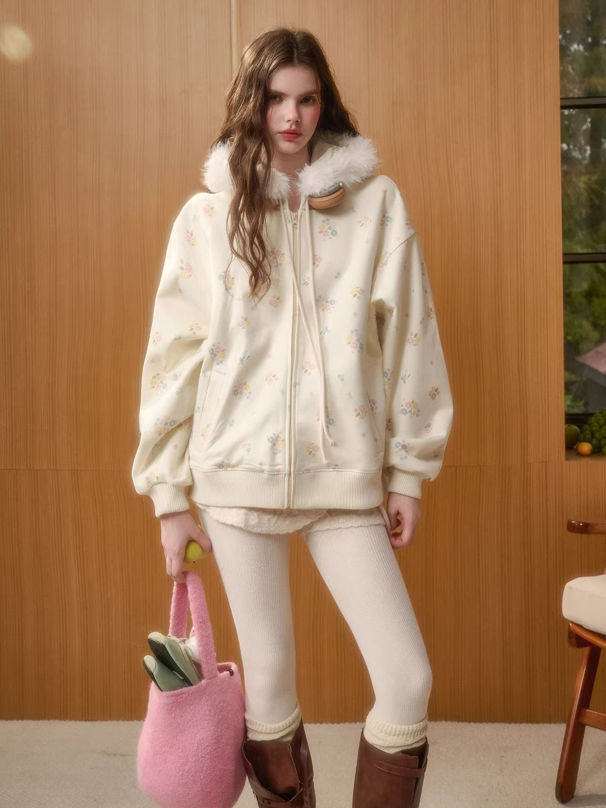 Floral-Trim Hoodie Jacket Set