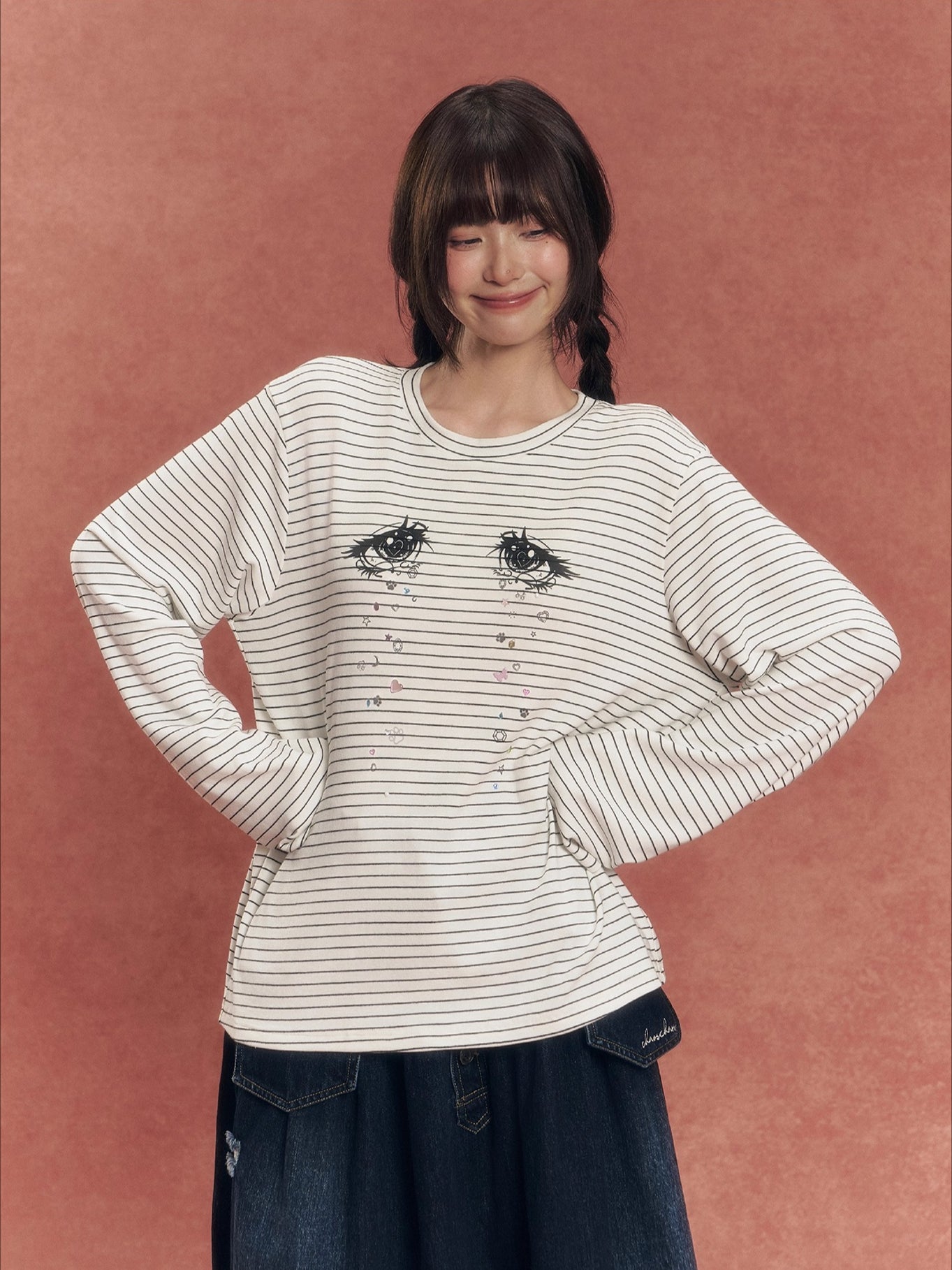 Crystal Eye Print Striped Long-Sleeve T-Shirt