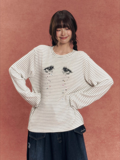 Crystal Eye Print Striped Long-Sleeve T-Shirt