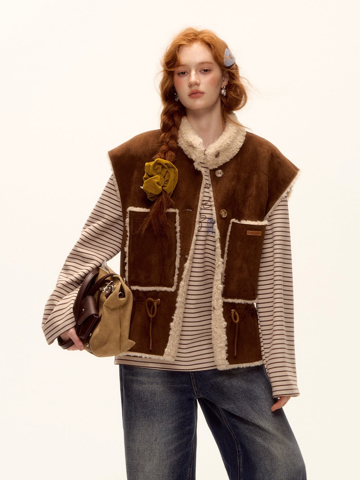 Reversible Faux Shearling Suede Drawstring Vest