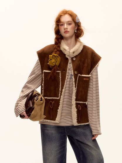 Reversible Faux Shearling Suede Drawstring Vest