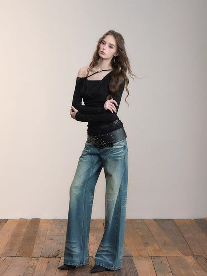 Fake Two-Piece Lace Off-Shoulder Beaded T-Shirt
