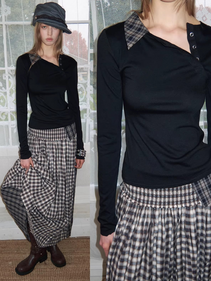 Layered Asymmetric Henley Long Sleeve Top