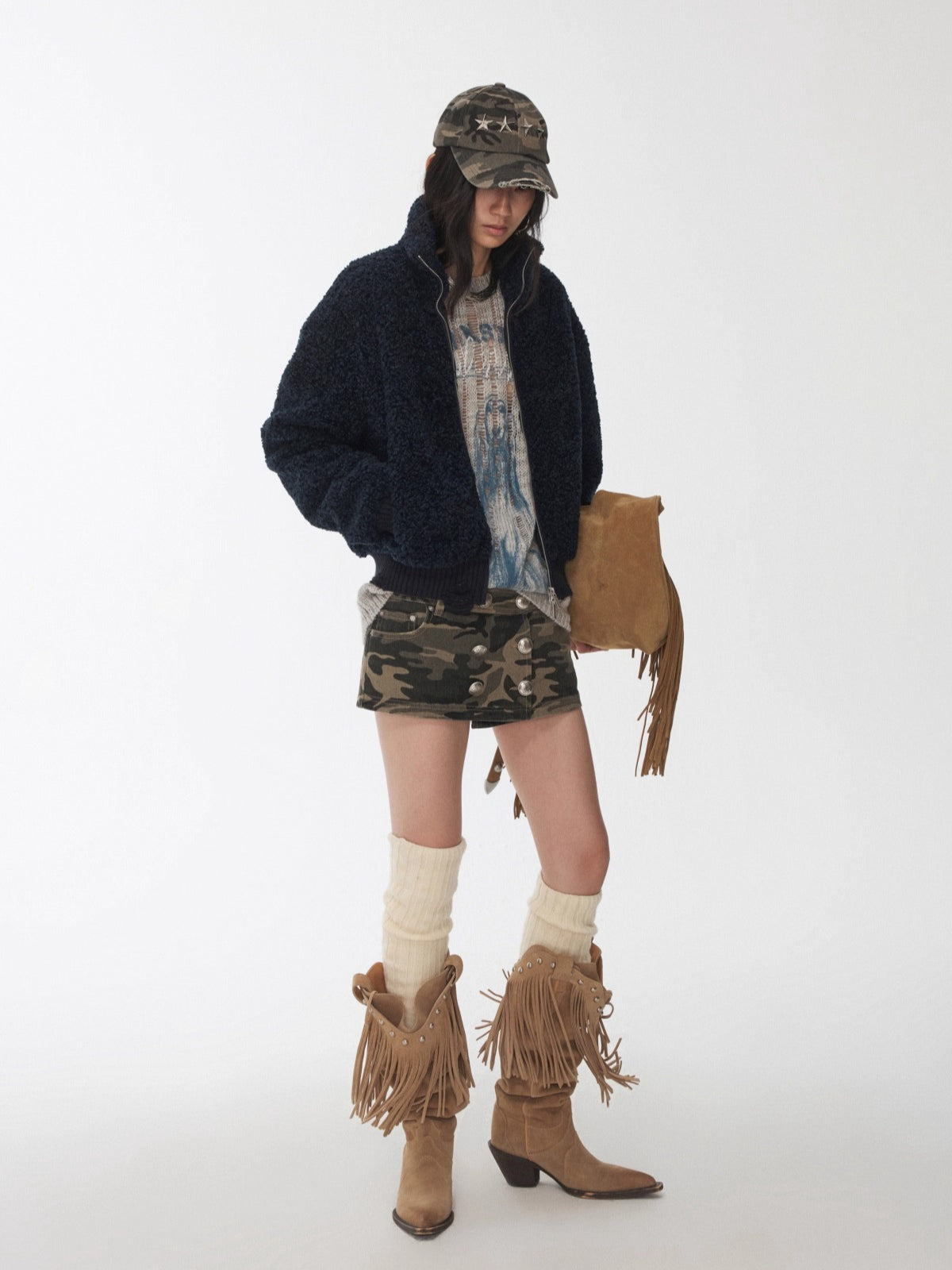 Distressed Fleece Zip-Up Cropped Jacket