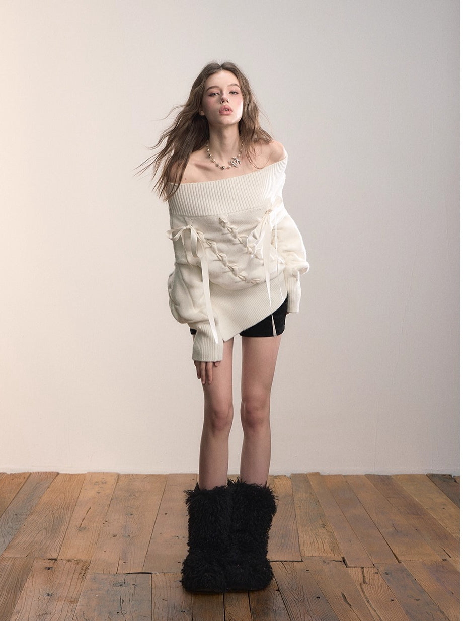 Asymmetric Off-Shoulder Cable Knit Sweater
