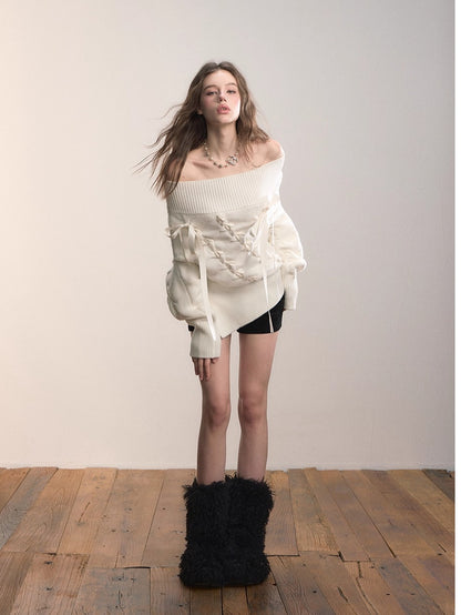 Asymmetric Off-Shoulder Cable Knit Sweater