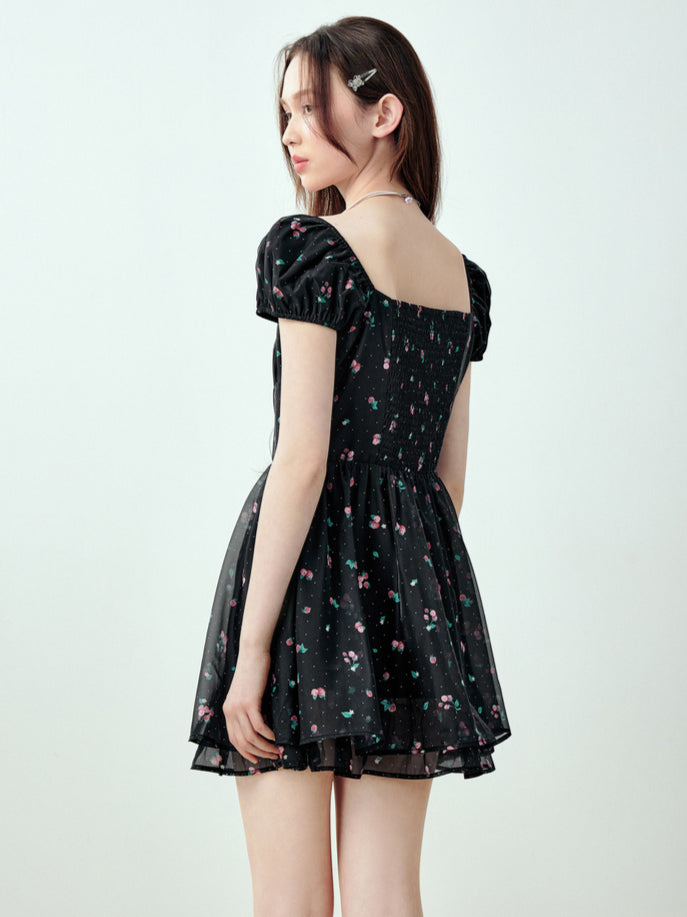 Black Floral Puff Sleeve Square-neck Dress