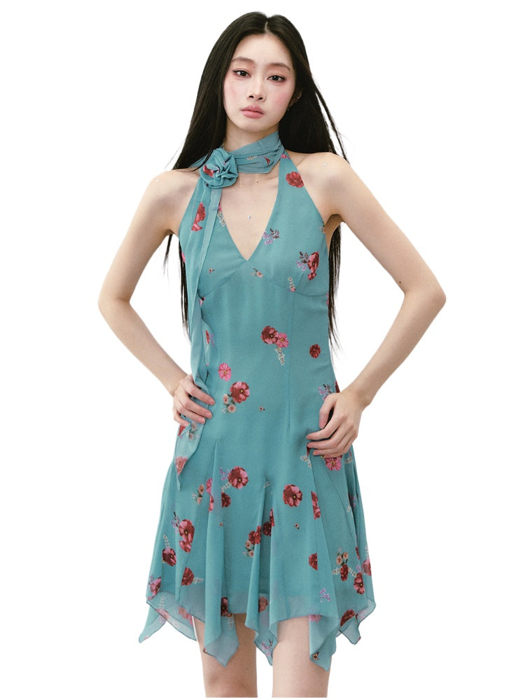 Blue Halter Printed Dress
