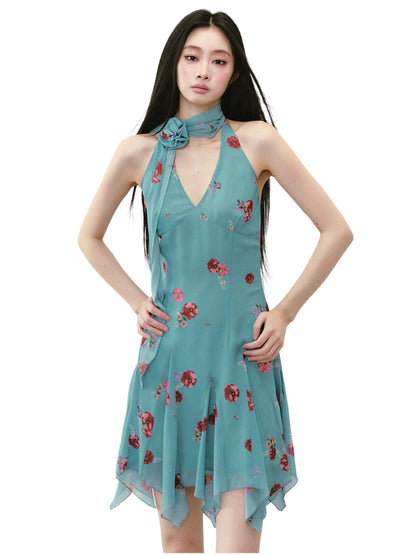 Blue Halter Printed Dress