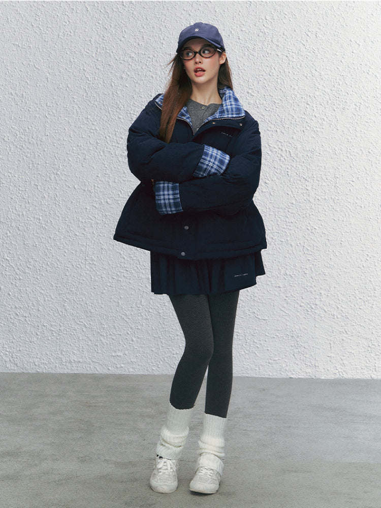 Color-block Plaid Spliced Cotton Jacket