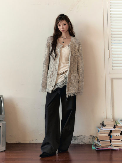 Frayed Edges Wool Mid-Length Knit Cardigan