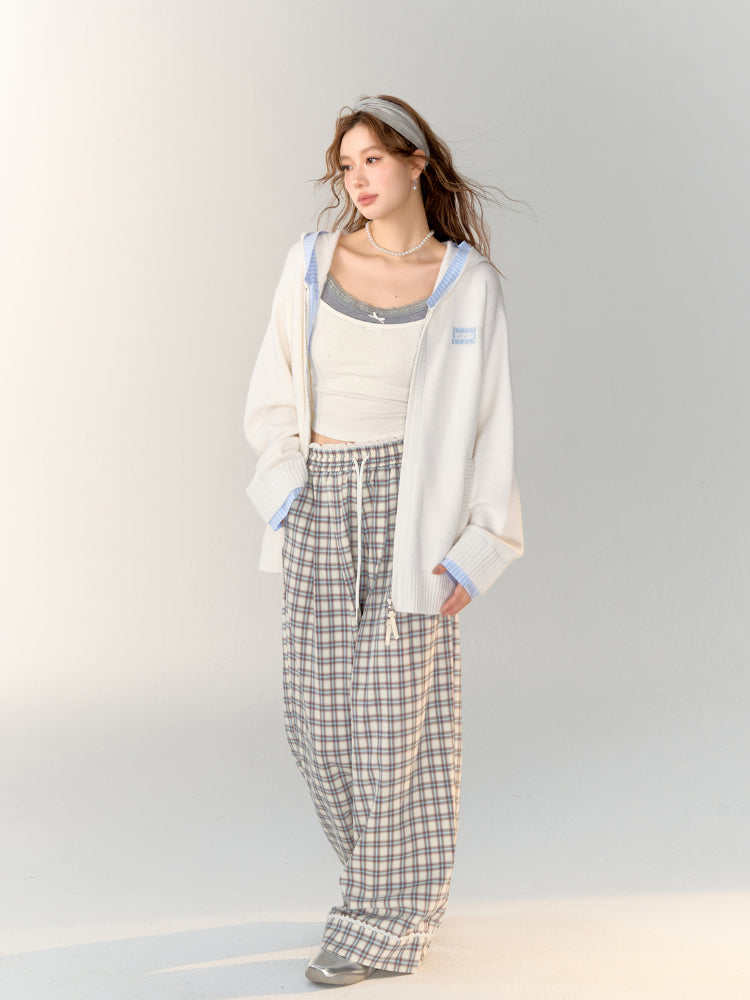 Lace-Trimmed Plaid Wide-Legged Pants