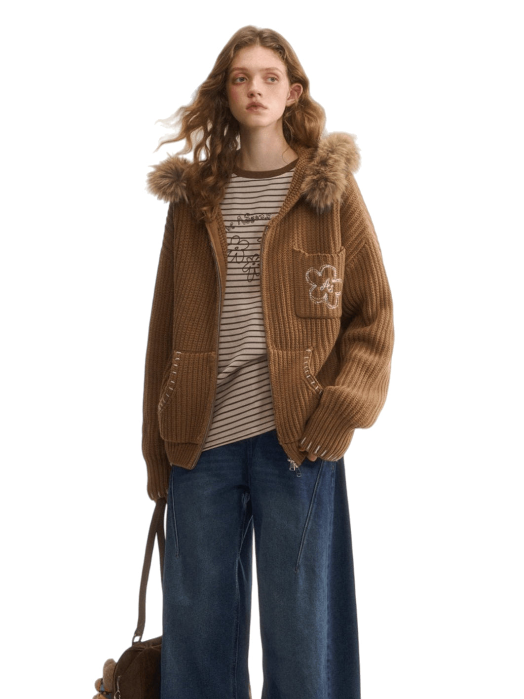 Embroidered Knit Zip-Up Hoodie Cardigan