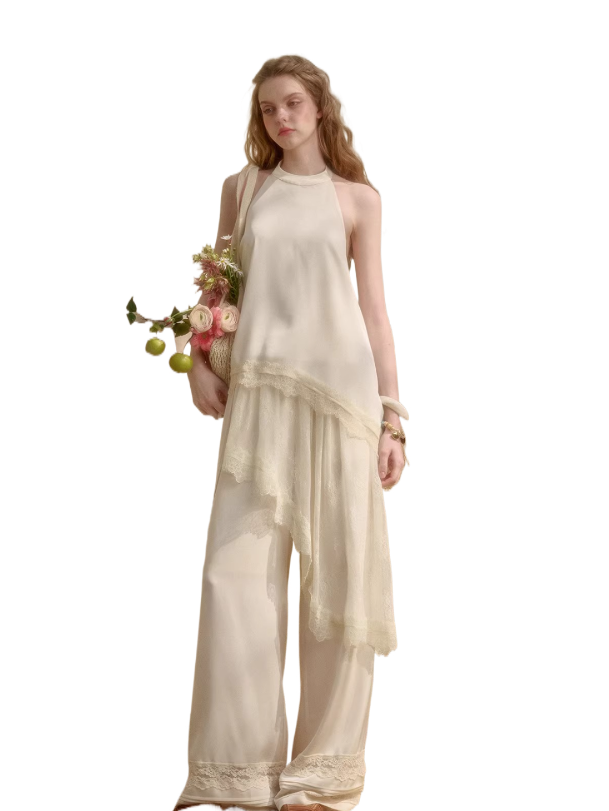 Pearl Gold Satin Lace Three-Piece Set