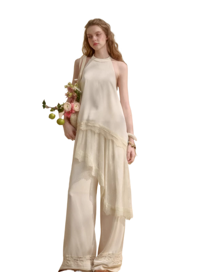 Pearl Gold Satin Lace Three-Piece Set