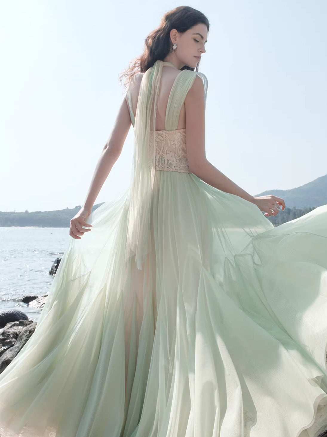 Heavy Lace Halter Corset Mesh Maxi Dress