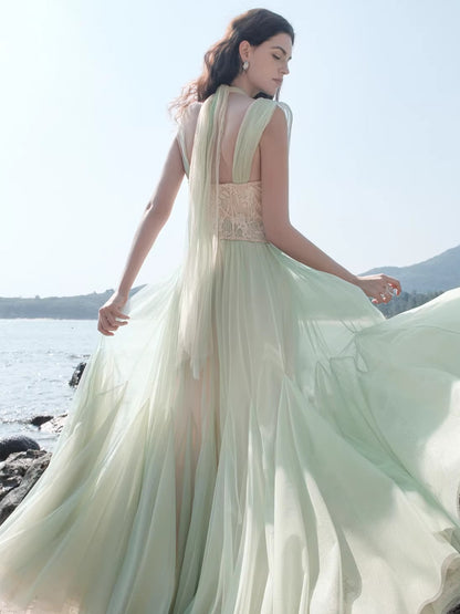 Heavy Lace Halter Corset Mesh Maxi Dress