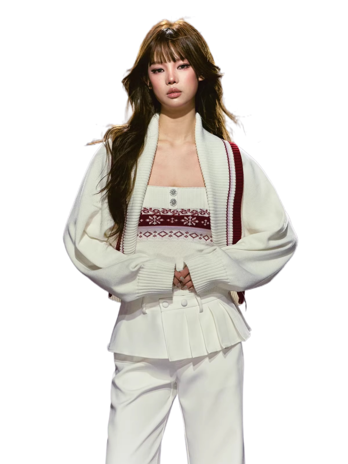 Fair Isle Snowflake Knit Vest &amp; Contrast Cropped Cardigan Set