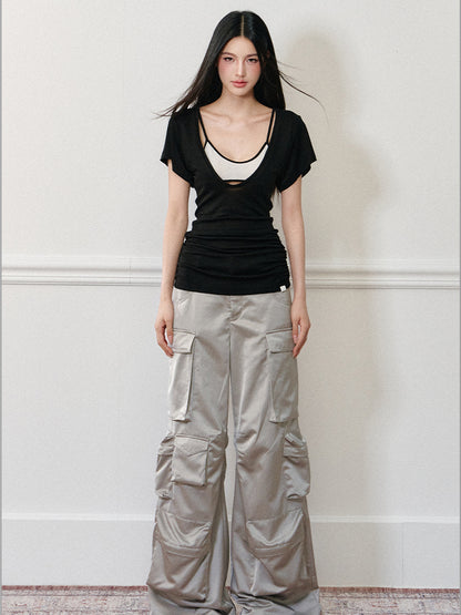 Color-Block Real Two-Piece U-Neck T-Shirt - CHINASQUAD