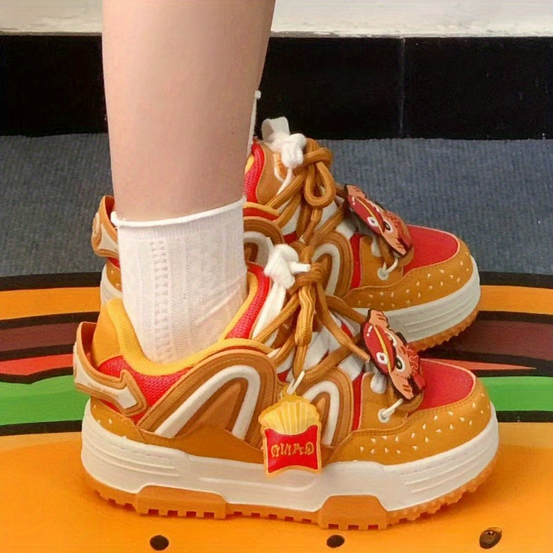 Orange Burger Embroidered Lettering Low-Top Skate Sneakers