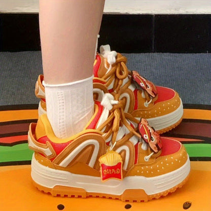 Orange Burger Embroidered Lettering Low-Top Skate Sneakers