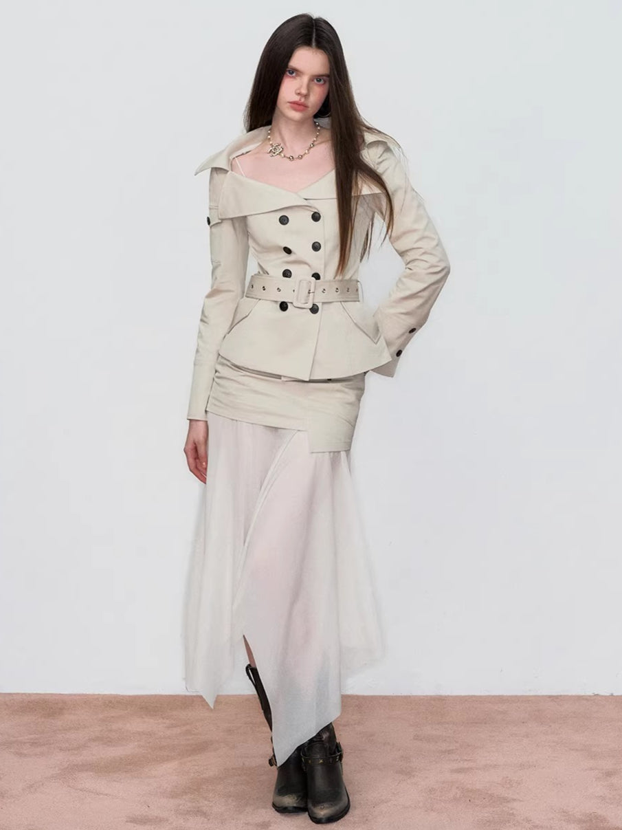 Off-Shoulder Belted Double-Breasted Blazer