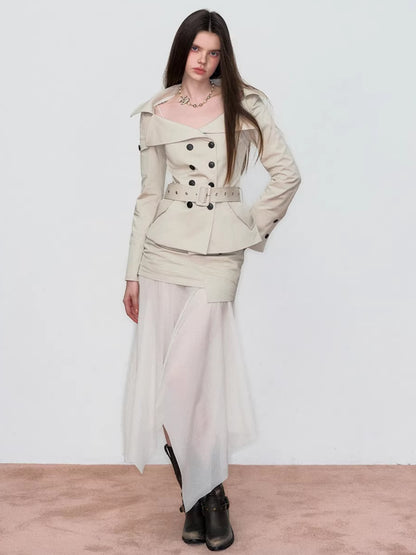 Off-Shoulder Belted Double-Breasted Blazer