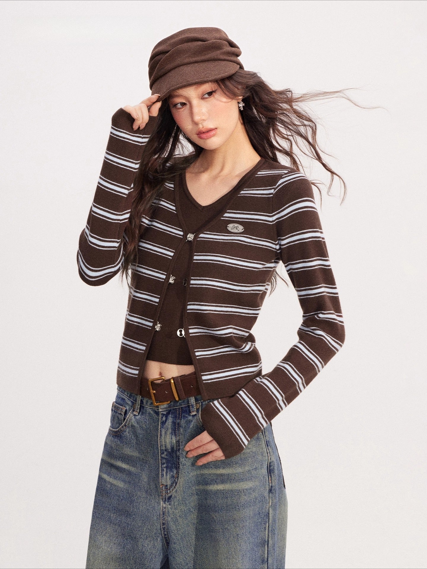 Layered-Effect Striped Knit V-Neck
