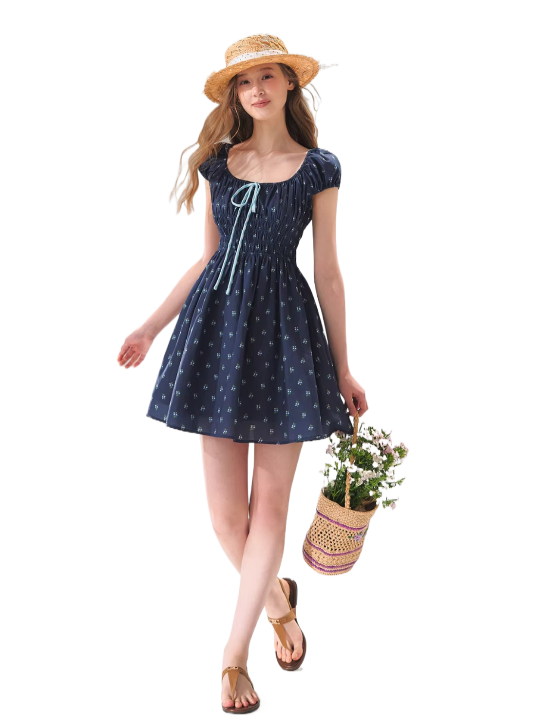 French Floral Tie-Waist Square Neck Puff Sleeve Dress