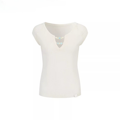 Beaded V-Neck Slim Knit T-Shirt