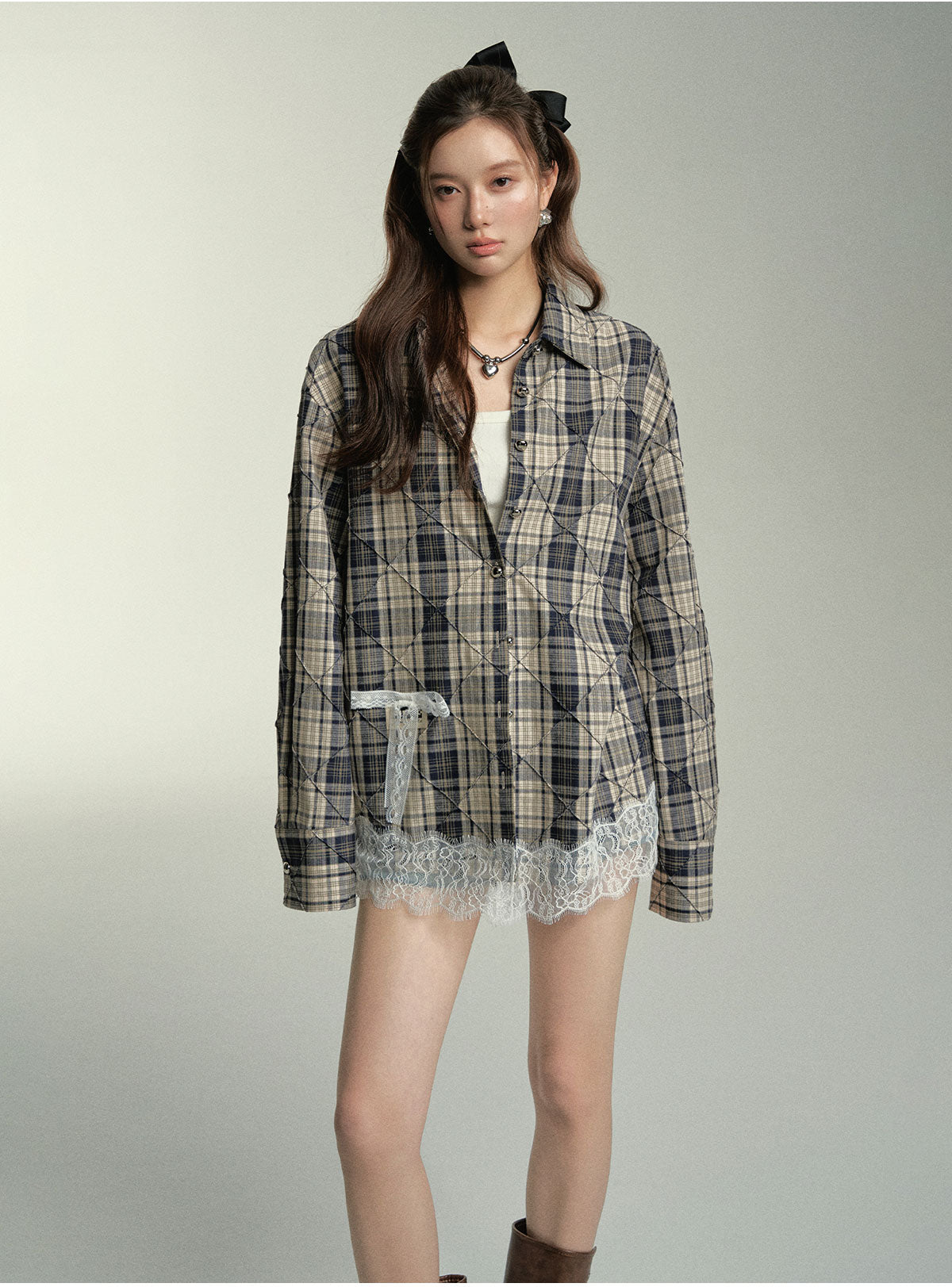 Lace Spliced Plaid Shirt - CHINASQUAD