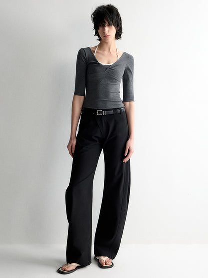 Twist Neck Waist-Tying T-shirt