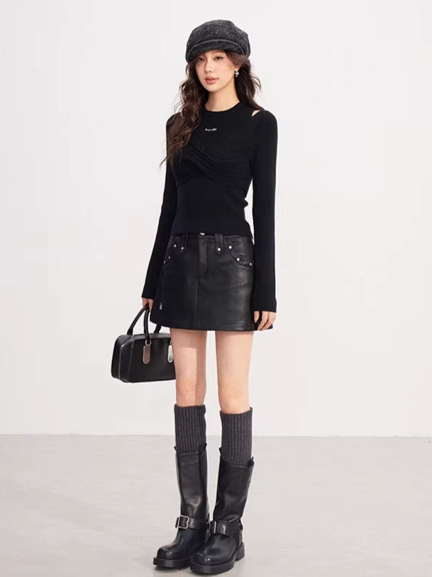 Bow Cable-Knit Vest Long-Sleeve Two-Piece Set