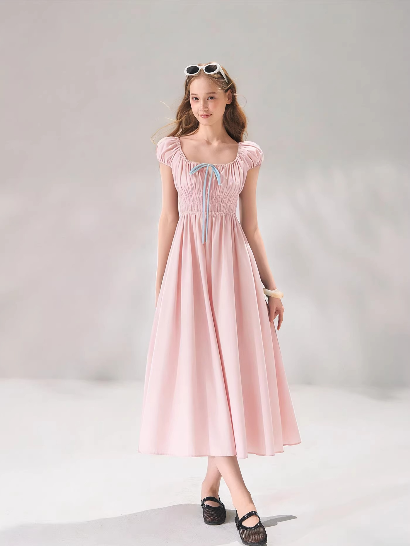French Floral Tie-Waist Square Neck Puff Sleeve Dress