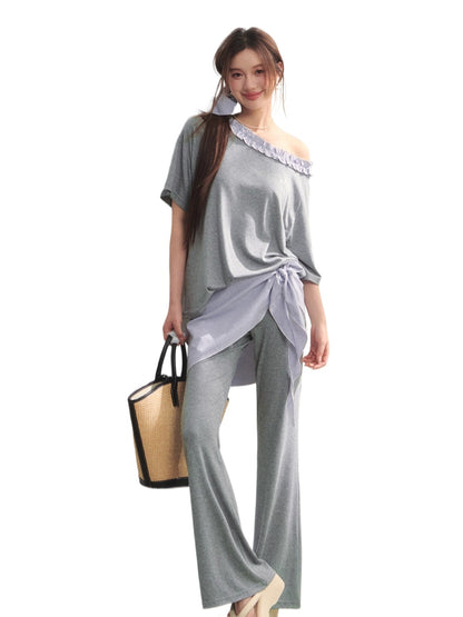 Checkered Asymmetric Shoulder Short-Sleeve T-Shirt &amp; Pants Set - CHINASQUAD