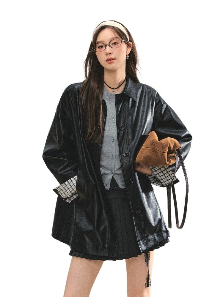 Black H-shaped Cuff Checkered Spliced Leather Jacket - CHINASQUAD