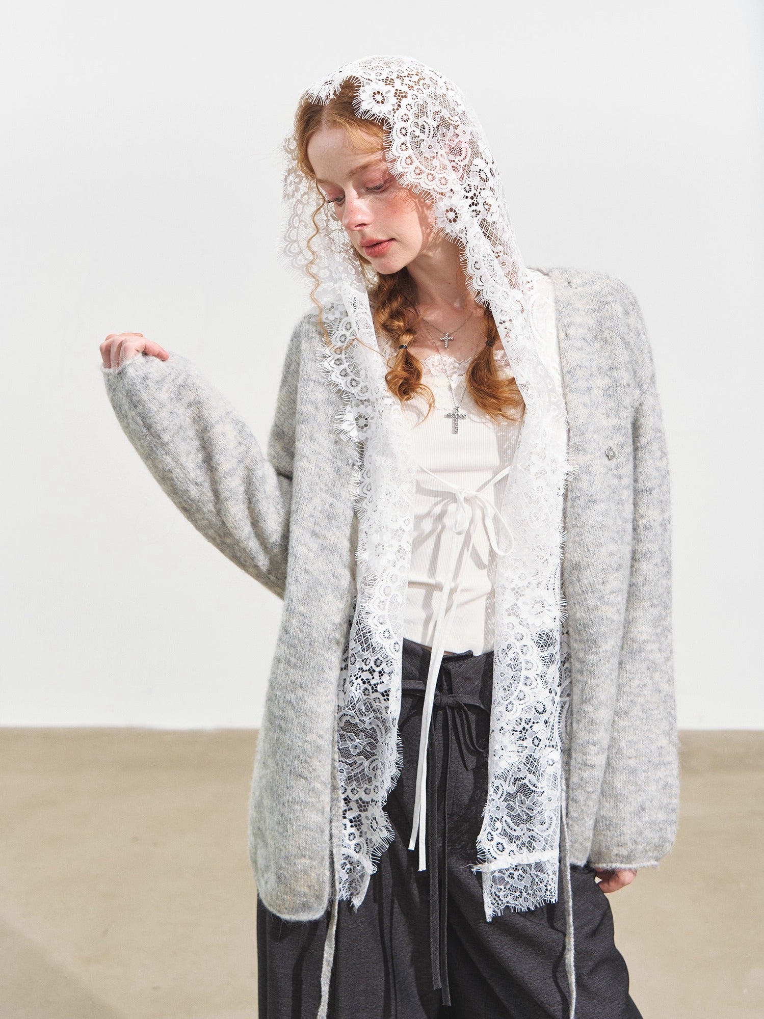 Hooded Lace Panel Overlay Blouse