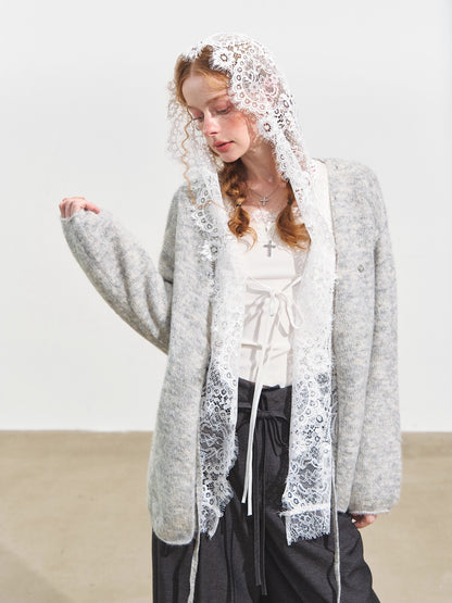 Hooded Lace Panel Overlay Blouse