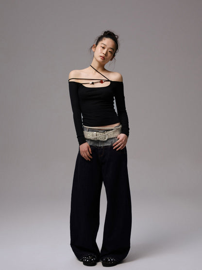 Double Waistband Raw Denim Wide-Leg Jeans - CHINASQUAD