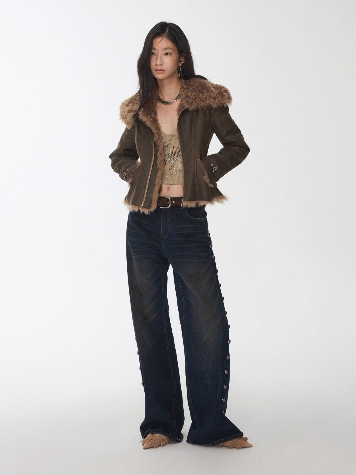 Faux Shearling-Lined Washed Leather Slim Jacket