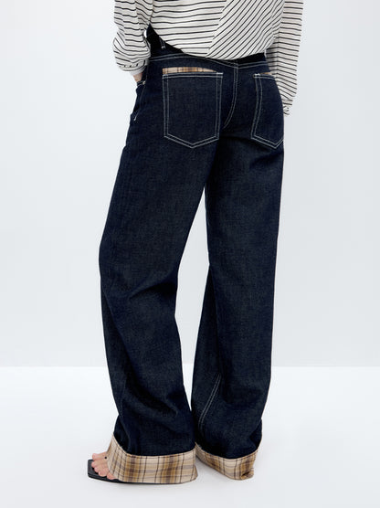 Blue Plaid Patchwork Straight-Leg Jeans