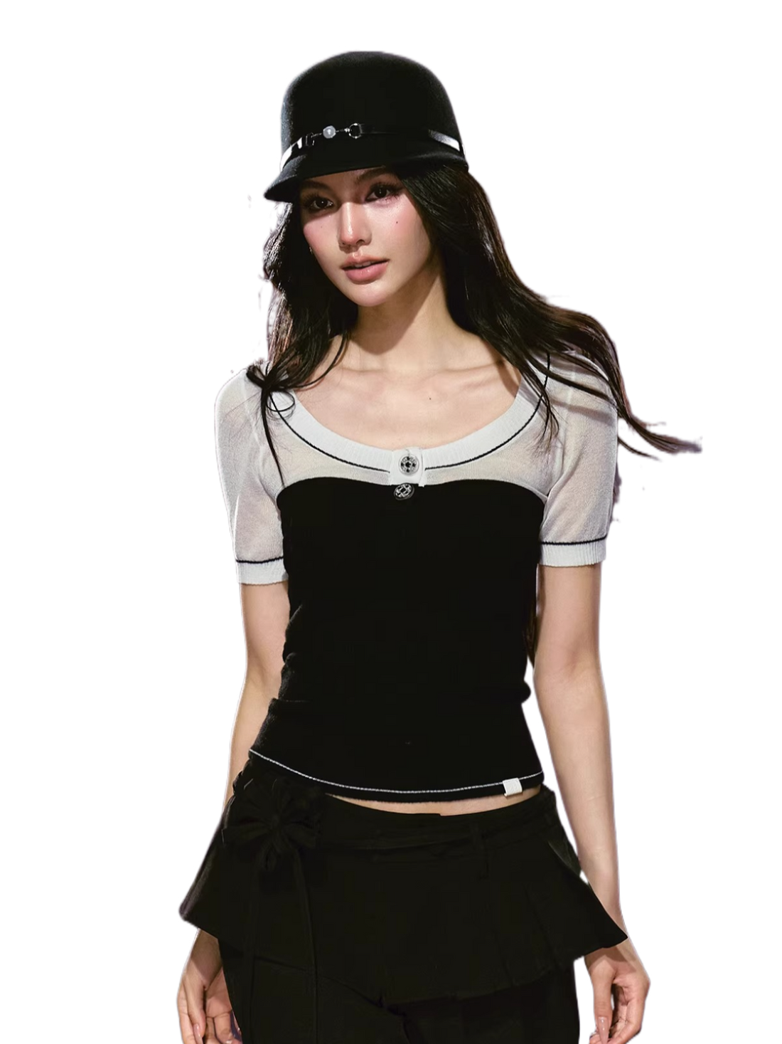 Semi-sheer Sparkly Color-block Short-sleeve Top