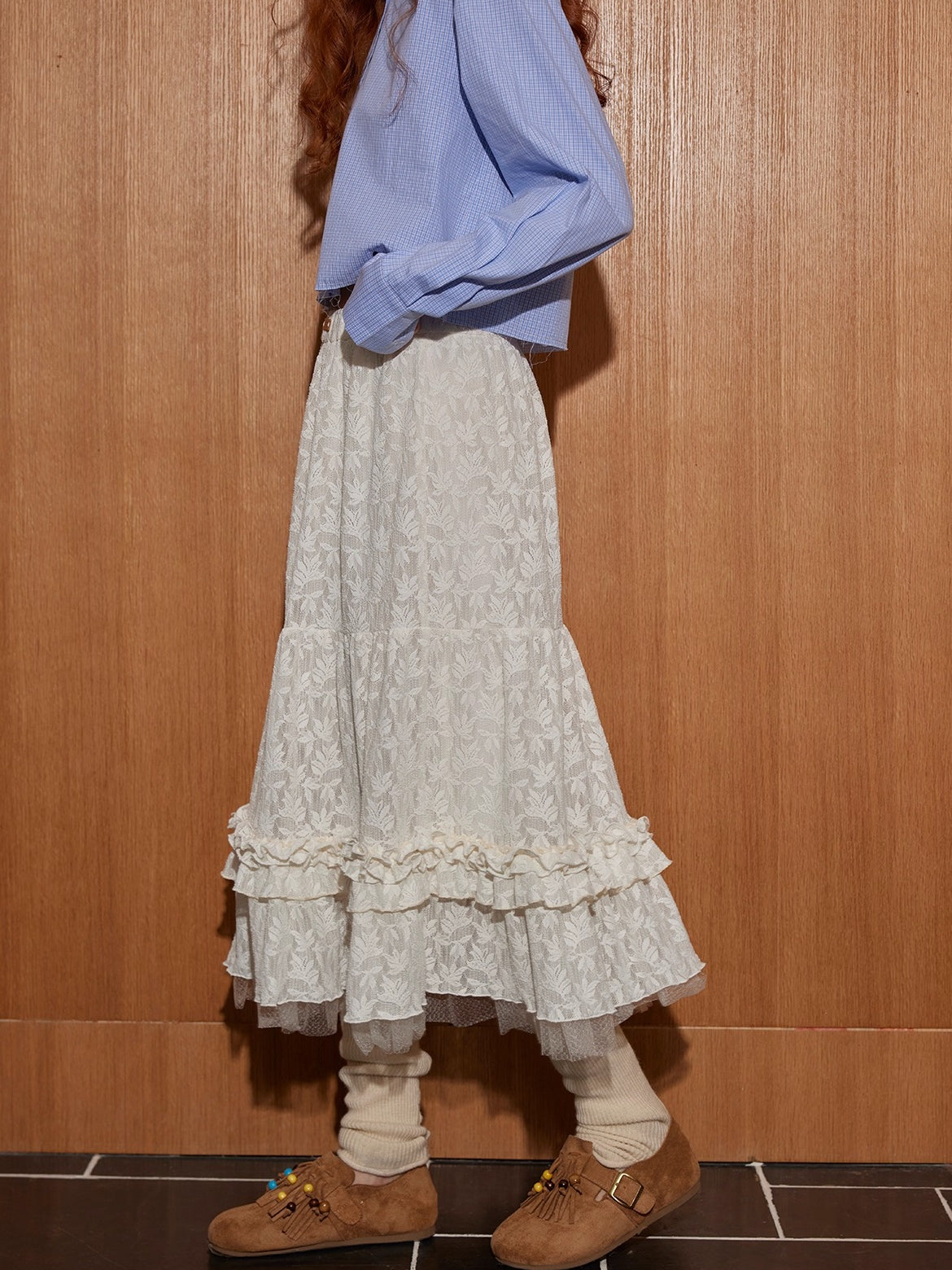 Tiered Jacquard Ruffled Midi Skirt