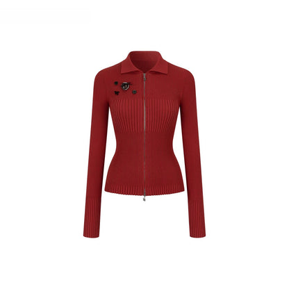 Button-Detail Zip-Up Knit Cardigan